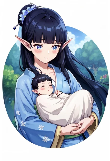 (ultra-detailed, ultra detailed), (master piece, best quality, high resolution), zPDXL, (score 9), (score 8 up), (score 7 up), (score 6 up:0.5), (high quality face), ultra quality face, (super detailed beautiful face), detailed face, beautiful eyes, detailed eyes, extremely detailed,
source_anime, anime screencap, Anime Screencap, animation, (2D),
1girl, score_9,score_8_up,score_7_up, blanket over body,
elf ,pointy ears, blue eyes and long black hair, couplelunia, blue kimono, long black hair mother, wide long sleeves blue kimono, white sock, green obi, himecut, hime cut, blush, black hair wife, blue eyes, close up shot, upper body, blue flower hairpin,
looking down at baby, sitting down, (baby sleeping), baby carry, holding baby,