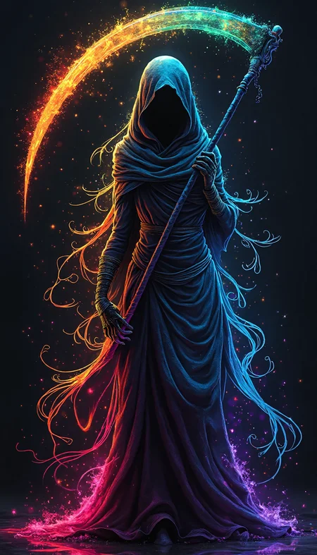 fca_style, rainbow colored silhoutte outline against a dark background, a female reaper, anime, magical fantasy, plasma pattern
