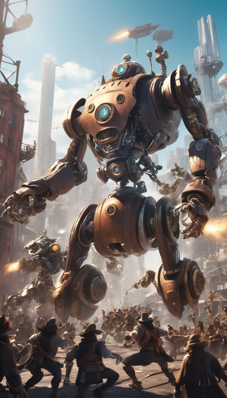 Cinematic scene, hero view, a steampunk robot fighting against a group of cybernetic pirates in a futuristic cityscape, action pose, detailed background, masterpiece, best quality, high quality, absurdres, steampunk <lora:steampunk_xl_v1:1>