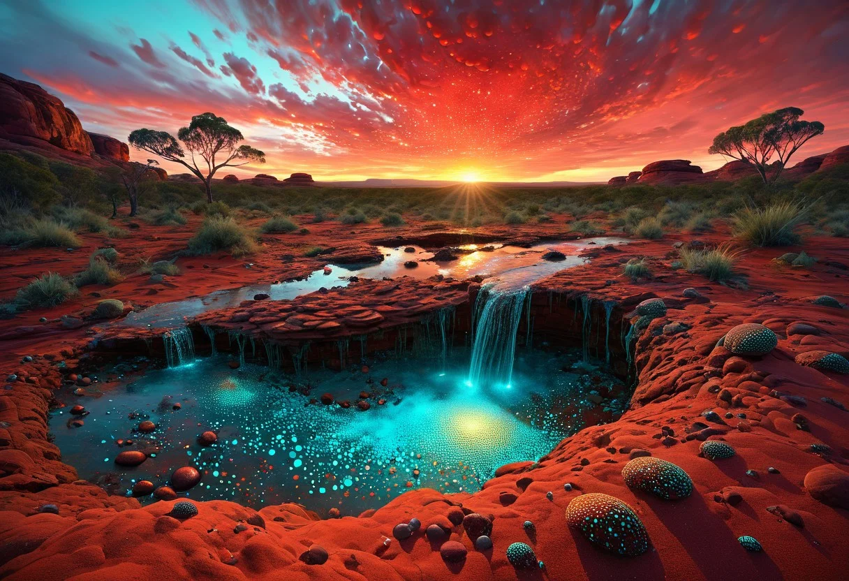 (by Ellen Jewett:1.5), (Bioluminescent Impressionism, autralia aboriginal landscape, The Dreamland, Gibson desert, red earth, rock, ants, sky sunset, sunrise ,waterfall, ethereal landscapes, flaoting stoens above the ground, aboriginal landart maelstrom of color dots, ocre, red, turquoise beans, pearls, lizard scale, landscapdedepth of field, biotech emotion:1.3) <lora:xl_more_art-full_v1:0.5> <lora:add-detail-xl:1> <lora:RMSDXL_Creative:2>