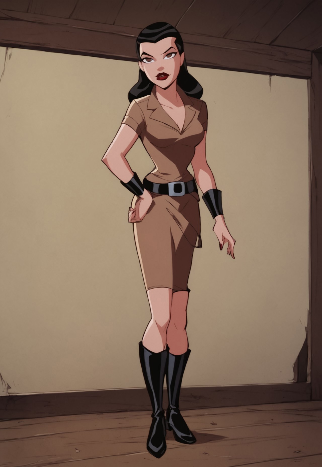 safe_pos, score_9, score_8_up, score_7_up, solo, 1girl, lipstick, black hair, brown eyes, no pupils, brown clothes, belt, boots, breast, looking at viewer, Miranda Kane (dc), parody, indoors, circus carp