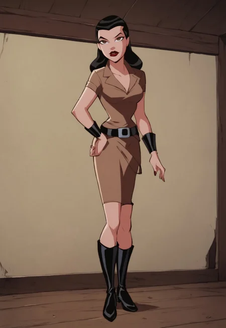 safe_pos, score_9, score_8_up, score_7_up, solo, 1girl, lipstick, black hair, brown eyes, no pupils, brown clothes, belt, boots, breast, looking at viewer, Miranda Kane (dc), parody, indoors, circus carp