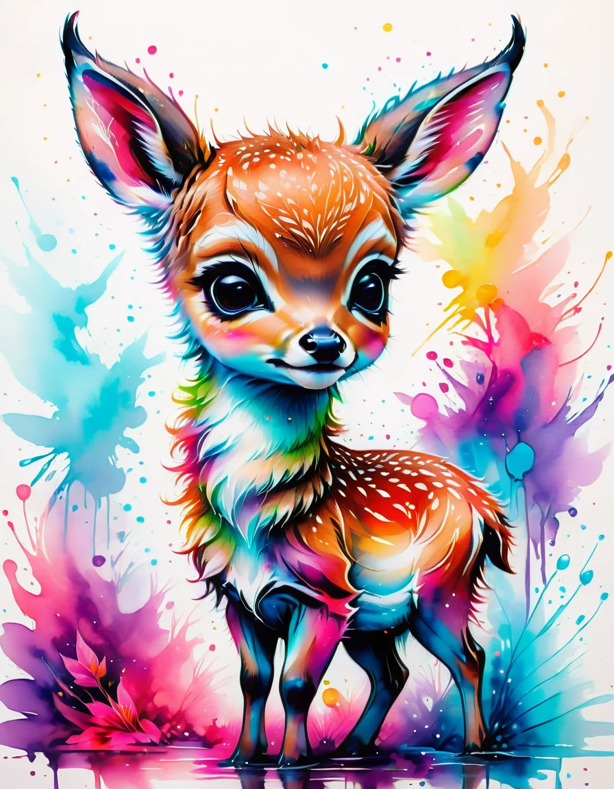 an adorable kawaii baby deer, cute, fantasy creature, high quality, extremely detailed <lora:SDXLPaintSplash:1> Colorsplash
