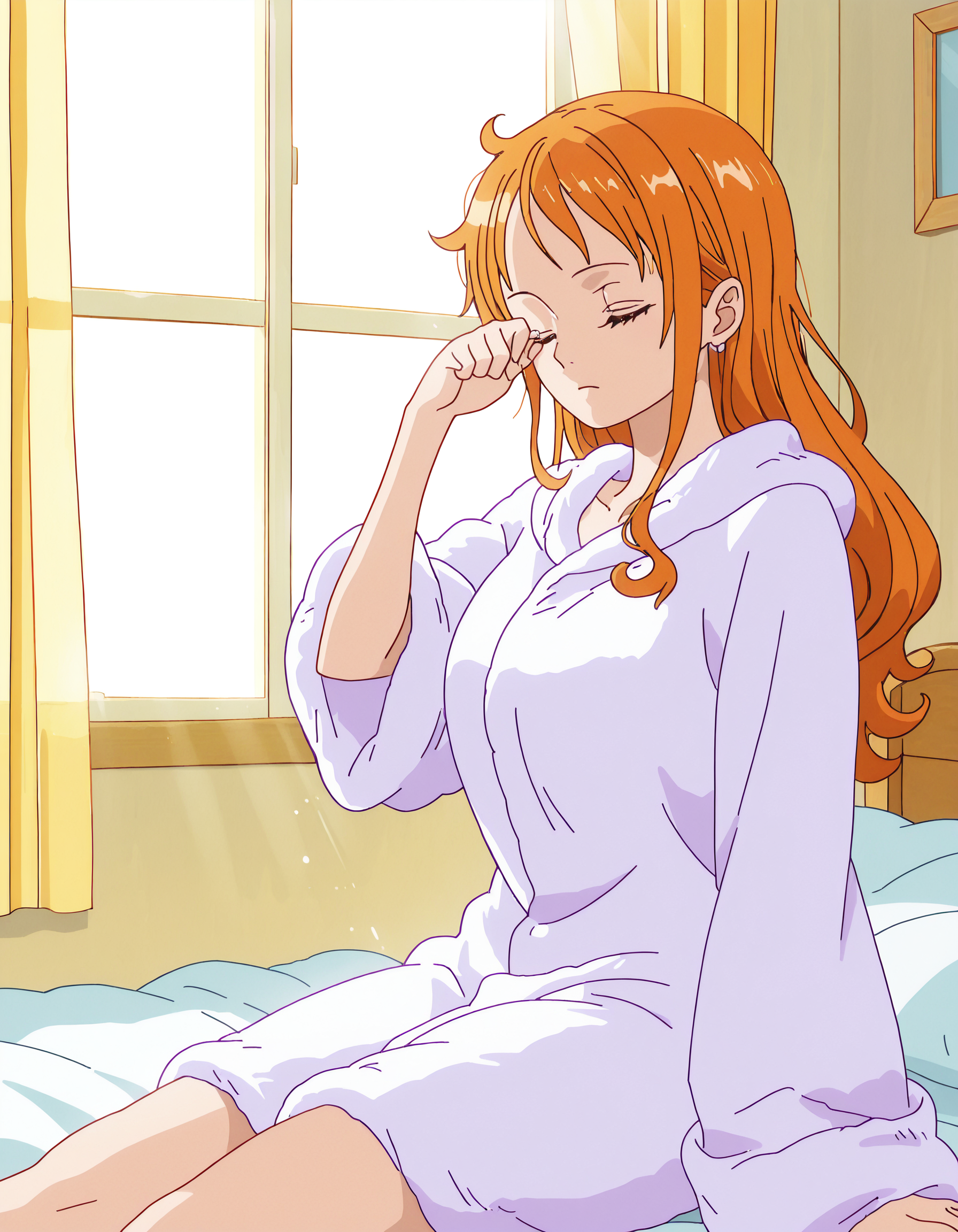 masterpiece, best quality, newest, absurdres, highres, anime coloring, NaOPmi24, 1girl, orange hair, nami, teenage girl, 15_years_old, fluffy robe, pastel colors, sitting on bed, stretching, rubbing eyes, morning light, sunlight through window, bedroom, curtain, cozy, waking up, realistic lighting,   <lora:Nami-Anime-2024-Illous_r1:0.95>
