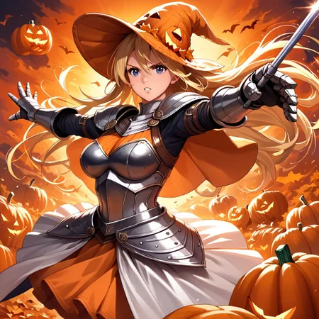 long hair, blonde hair, pumpkin hat,large breasts
Knight,armored dress,gauntlets,holding wand,pumpkin skirt
fighting stance,dynamic pose
score_9, score_8_up, score_7_up, masterpiece, best quality, source_anime, source_hentai, uncensored, detailed background,