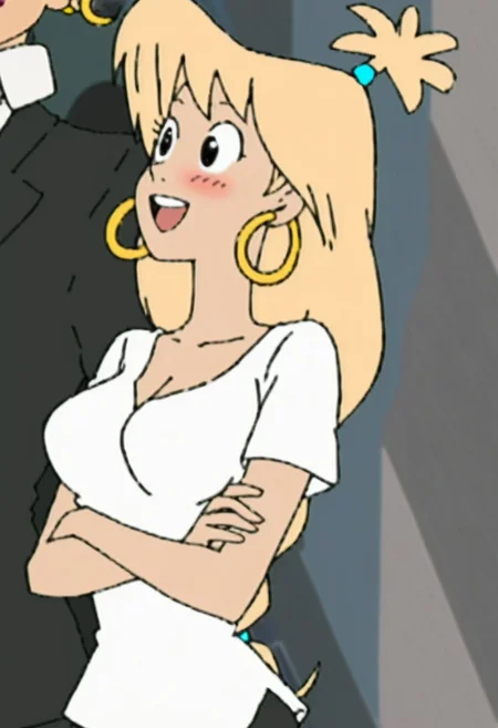 woman, tiffany, kangoo,blonde hair, black eyes, earrings, jewelry, 1girl, crossed arms, hoop earrings, open mouth, smile, shirt, upper teeth only, upper body, breasts, short sleeves, solo focus, blush, white shirt