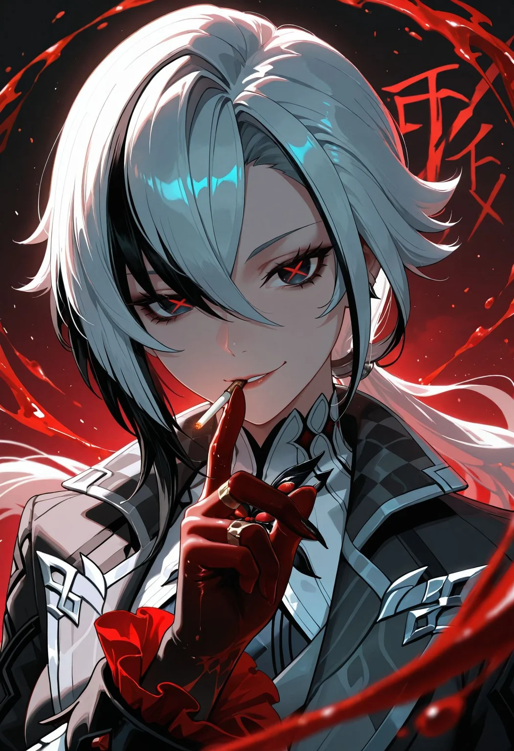 masterpiece,best quality,amazing quality,absurdres, BREAK 
arlecchino \(genshin impact\),  1girl, black suit, white hair, red X-shaped pupils, knife collection, bloodstained gloves, dimly lit office, paper shreds floating, shadowy tendrils, cigarette smoke, cold smirk, portrait: rule of thirds, monochrome palette, crimson accents, executioner vibe, hidden blades, drip effect (ink-like blood), sinister elegance, flickering neon sign, noir detective aesthetic