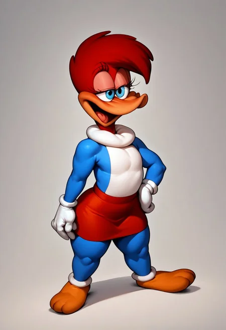 score_9, score_8_up, score_7_up, winnie woodpecker, estabilishing shot, red hair, full body, blue skin, white underbelly, red skirt, white gloves, voluptuous anthro