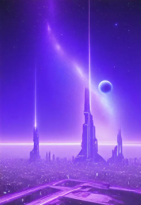 High quiality, high resolution, high definition,
Magical city with skyscrapers, a planet with purple colors and lines that emit white light surrounded by a planet ring, with the view from behind a cat looking towards the city, citybkg, anime style, high ilumination, galaxy sky, calid colours, spacial station