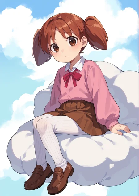 score_9, score_8_up, score_7_up, score_6_up, source_anime, zPDXL, <lora:ALTXL_pony_0061_8:2>, BREAK
1girl, solo, <lora:Mihama_Chiyo_Chiyo-Chan:0.9> chiyo, twintails, Auburn hair, brown eyes, short twintails, little girl, child, sitting on a cloud, surrounded by fluffy pillows, school uniform, brown loafers, brown skirt, pink shirt, red ribbon, neck ribbon, <lora:Cotton_Tights:1> ribbed tights, white tights,