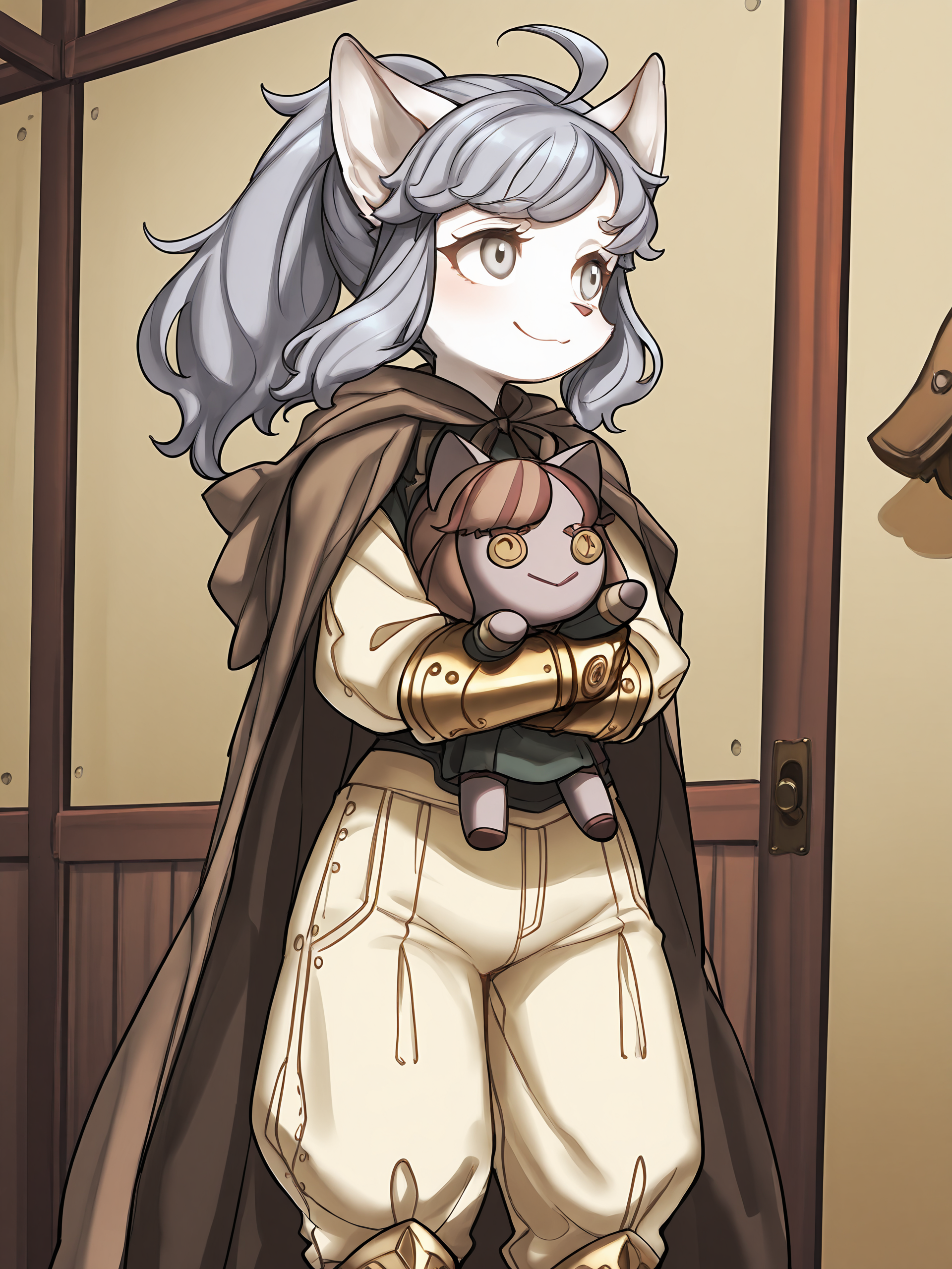 BREAK, <lora:Sheena_Falafel:1>, Sheena Falafel, Fuga: Melodies of Steel, kemono, furry female, young female, 1girl, cat girl, white fur, grey eyes, pastel blue hair, long hair, ahoge, bangs, sidelocks, animal ears, cat ears, animal nose, pink nose, Fuga 2 appearance, ponytail,
BREAK, Fuga 3 Outfit, metal boots, white pants, white top, gauntlets, brown cape,
BREAK, Bleuette, Bleuette doll, character doll, stuffed cat, holding doll, holding object,
BREAK, solo, inside, standing, cute pose, closed mouth, looking away, head tilt, smile,