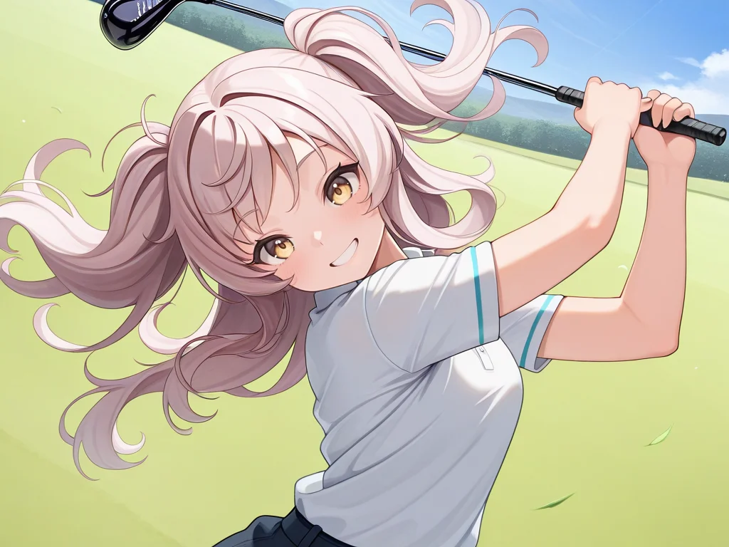 1girl,solo,gf_pl,standing,swinging,golf club,holding golf club,golf course,floating hair,long hair floating everywhere,disheveled hair,<lora:IL_golf:1>,dutch angle,upper body,comandante cappellini \(kancolle\),grin,, masterpiece,best quality,amazing quality,very aesthetic,absurdres,