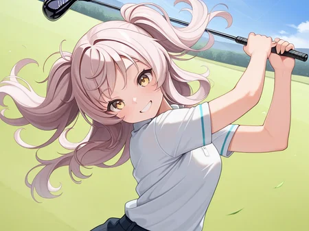 1girl,solo,gf_pl,standing,swinging,golf club,holding golf club,golf course,floating hair,long hair floating everywhere,disheveled hair,<lora:IL_golf:1>,dutch angle,upper body,comandante cappellini \(kancolle\),grin,, masterpiece,best quality,amazing quality,very aesthetic,absurdres,