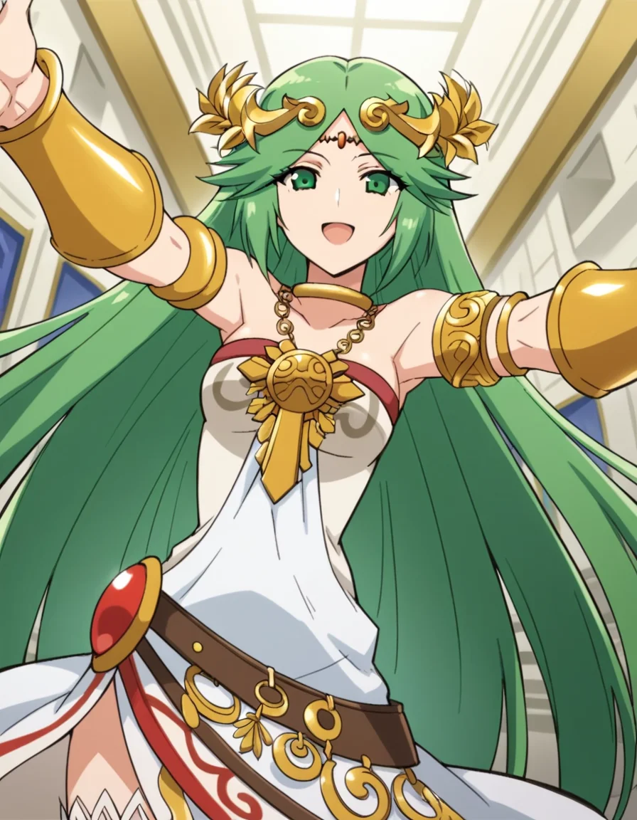 score_9, score_8_up, score_7_up, source_anime, <lora:palutena-trailer-ponyxl-lora-nochekaiser:1>, palutena, long hair, bangs, very long hair, green eyes, green hair, parted bangs,, dress, bare shoulders, jewelry, necklace, white dress, strapless, tiara, strapless dress, armlet, neck ring, gold,, hotel, rooms, lobby, guests, beds, smile, on back, arm support, arms up, incoming hug, pov, reaching, reaching towards viewer,, looking at viewer, solo,, dutch angle, cowboy shot