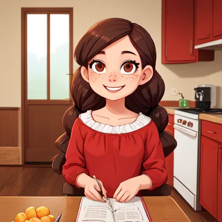 1girl, age 25,  caucasian, pearly skin, freckles, big brown round eyes, high forehead, dark blonde wavy hair, braid, oval face, cute, highly detailed, sharp focus, stunningly beautiful, looking at camera, smile, sultry look, makeup dlanham <lora:dlanham_v1:0.6> sitting on a chair in the kitchen