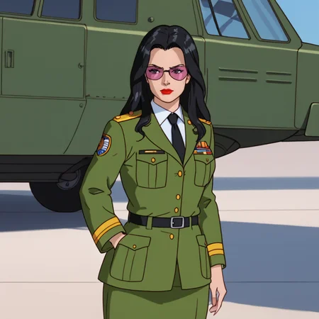 <lora:BaronessGiJoe_pony_v1:0.85> BaronessGreenArmy, 1girl, black hair, long hair, military uniform, black necktie, sunglasses, skirt, green jacket, collared shirt, pocket, lipstick, lipss, cowboy shot