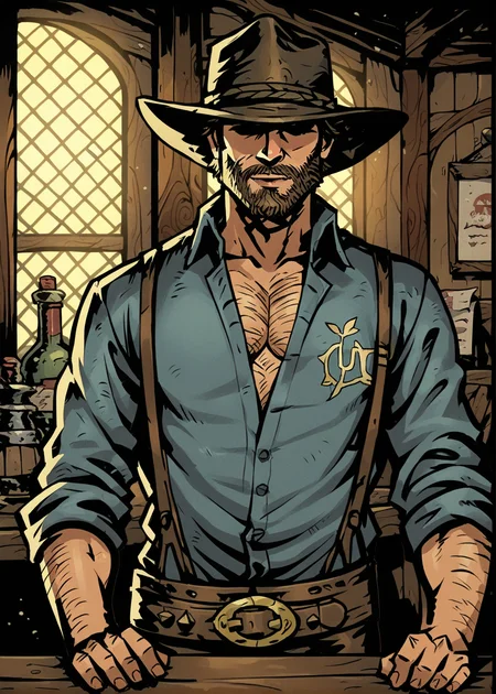 tavern background, night time, solo, upper body, looking at viewer, <lora:DarkestDungeon-Style:0.8>
BREAK <lora:arthurmorgan:0.65> arthur morgan, , facial hair, beard, short hair, arm hair, looking at viewer, shirt, belt, cowboy hat,, BREAK score_9, score_8_up, score_7_up, score_6_up, score_5_up,