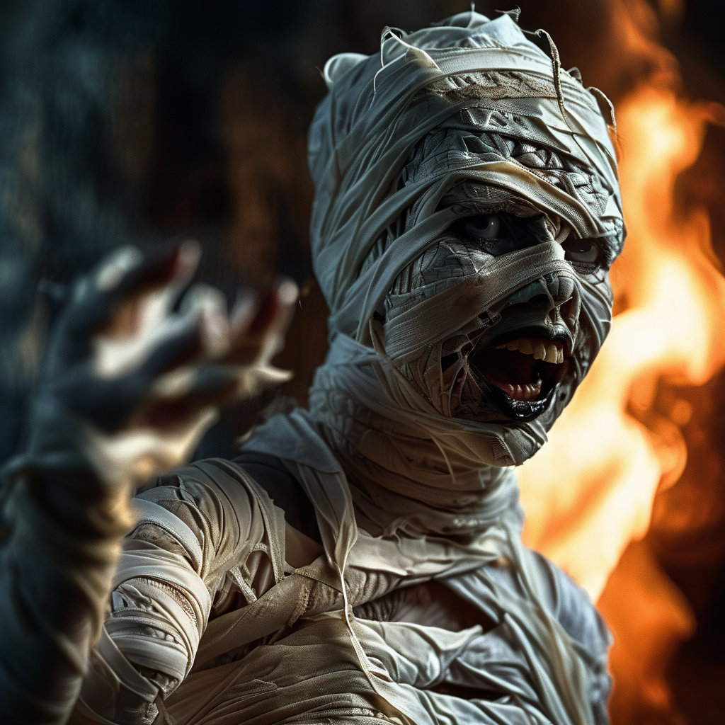 mummy devil in hell, bandages, professional photo, very detailed and dramatic, expressive cinematic, darkness, bokeh f1.2<lora:mummy:1>