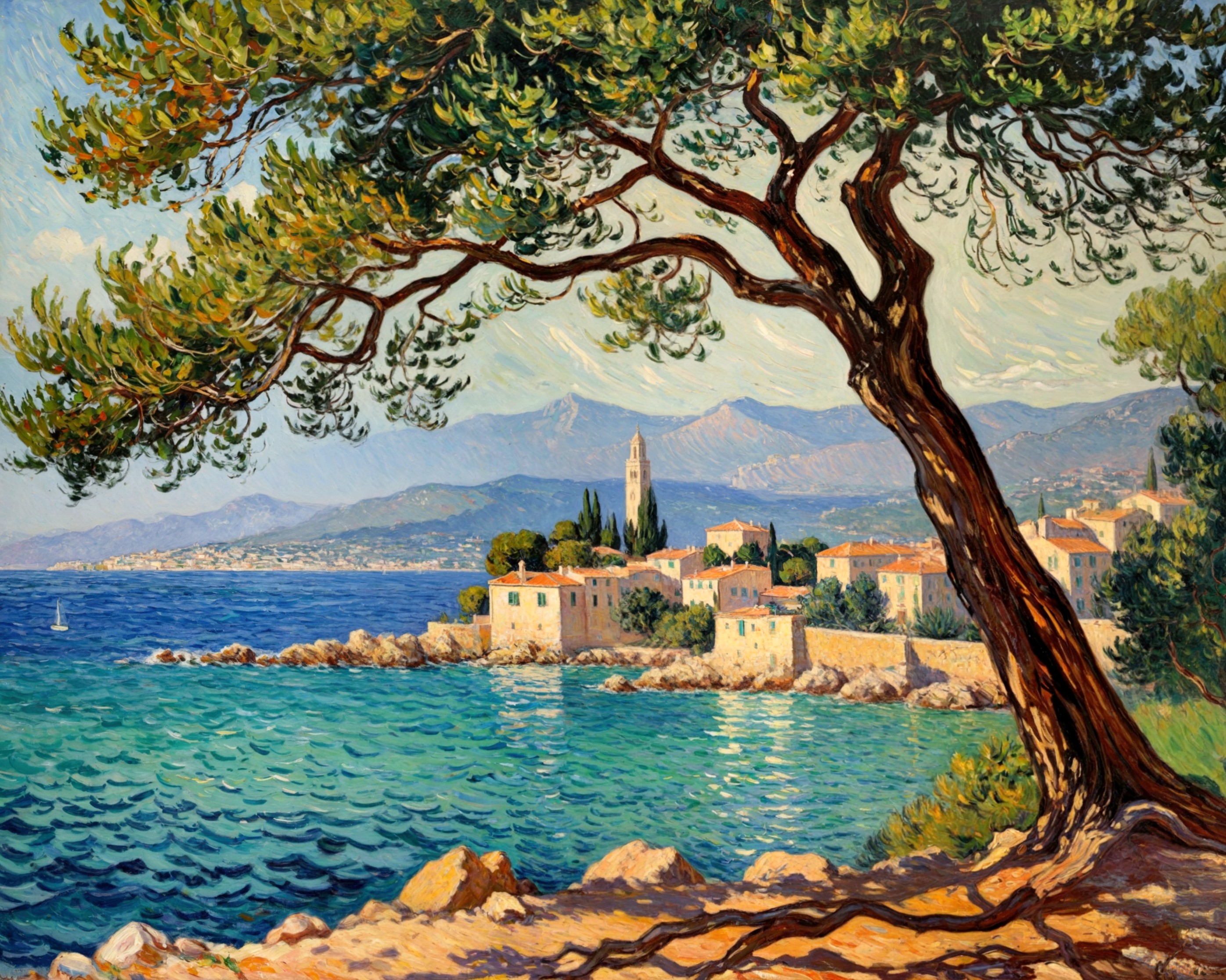 Impressionist painting Impressionist painting Claude Monet painting Antibes sea view with tree. . Loose brushwork, vibrant color, light and shadow play, captures feeling over form . Loose brushwork, vibrant color, light and shadow play, captures feeling over form