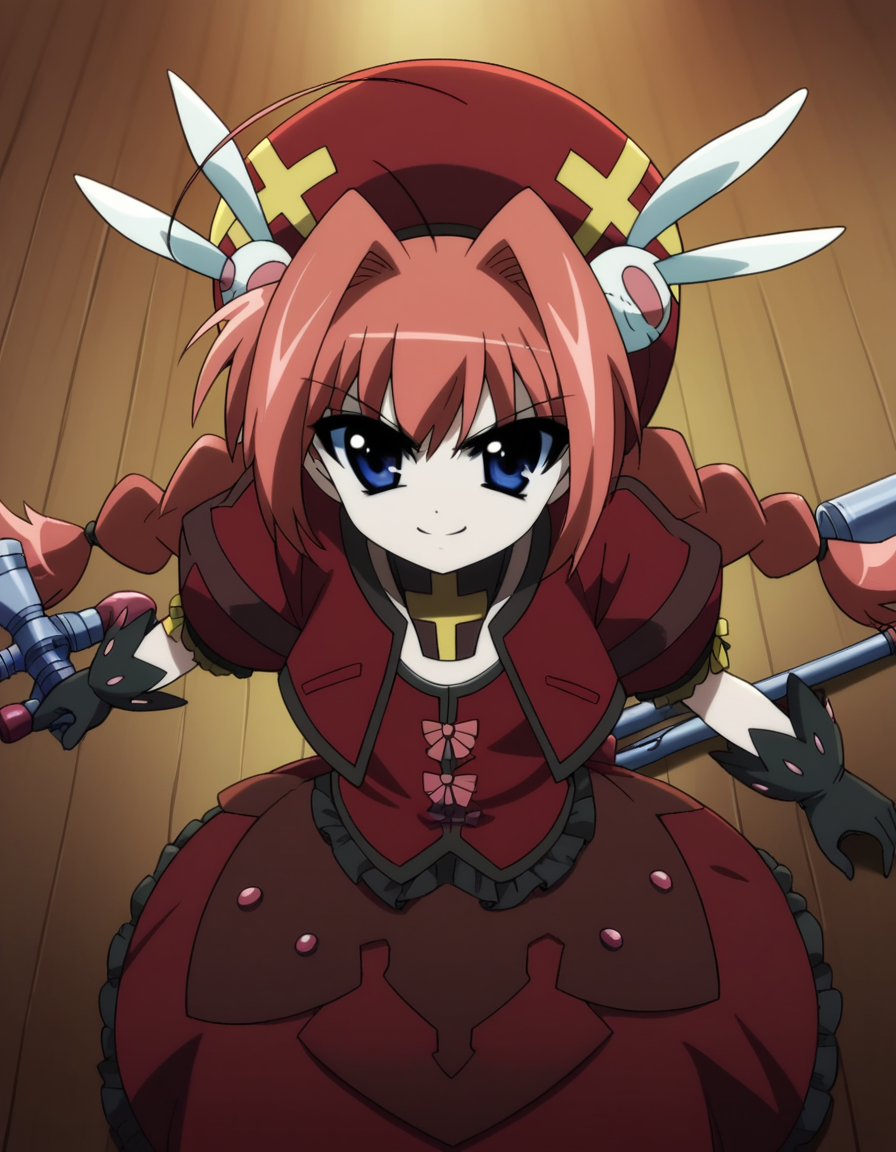 score_9, score_8_up, score_7_up, source_anime, <lora:vita-movie2-ponyxl-lora-nochekaiser:1>, vita, blue eyes, braid, ahoge, red hair, twin braids, rabbit hair ornament,, gloves, hat, dress, weapon, open clothes, open jacket, magical girl, red dress, cropped jacket, hammer,, living room, video game, controller, competitive, fun, afternoon, smile, looking at viewer, from above,, solo,, dutch angle,