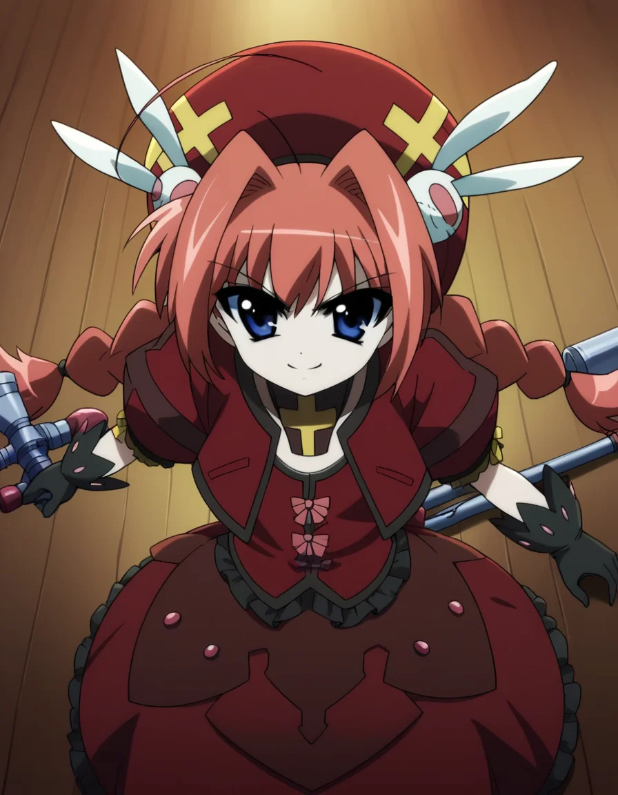 score_9, score_8_up, score_7_up, source_anime, <lora:vita-movie2-ponyxl-lora-nochekaiser:1>, vita, blue eyes, braid, ahoge, red hair, twin braids, rabbit hair ornament,, gloves, hat, dress, weapon, open clothes, open jacket, magical girl, red dress, cropped jacket, hammer,, living room, video game, controller, competitive, fun, afternoon, smile, looking at viewer, from above,, solo,, dutch angle,