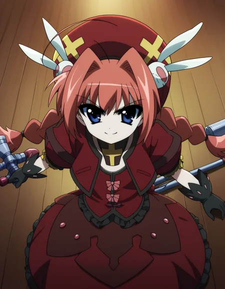 score_9, score_8_up, score_7_up, source_anime, <lora:vita-movie2-ponyxl-lora-nochekaiser:1>, vita, blue eyes, braid, ahoge, red hair, twin braids, rabbit hair ornament,, gloves, hat, dress, weapon, open clothes, open jacket, magical girl, red dress, cropped jacket, hammer,, living room, video game, controller, competitive, fun, afternoon, smile, looking at viewer, from above,, solo,, dutch angle,