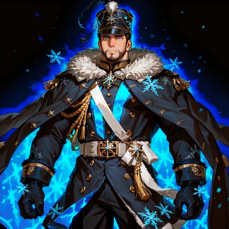 <lora:Edwin__Alchemist_Code-000004:.7>, tagatameedwin, 1boy, black hair, dark blue eyes, short hair, solo, male focus, manly, bara, mature male, muscle body, shako hat, fur trim, snowflakes pin, coat, aiguillette, shirt, sash, gloves, glowing pattern, tassel, pants, boots,
cowboy shot, 
(very short hair, beard, bara, mature, facial hair, stubble, beard, full beard, sideburn, beard, a lot of beard, ), facial hair,male focus, muscular male, muscular male, bara, mature,  bara, mature, aixiwuganda_(20222192), very awa, masterpiece, best quality, absurdres, newest, perfect quality, detailed background, intricate details,
<lora:slider_Body Type_alpha1.0_rank4_noxattn_last:3><lora:Anime Summer Days 2 Style SDXL_LoRA_Pony Diffusion V6 XL:.6><lora:slider_cfg_scale_boost:.7><lora:Artist6p:.55>, Artist6p, Artist04p,<lora:slider_il_brightness_slider_d1:-1><lora:slider_il_contrast_slider_d1:-1><lora:slider_DarkSlider1.2_alpha1.0_rank16_full_300steps:-.6><lora:slider_contract_controller_illus01_v1:.5>,