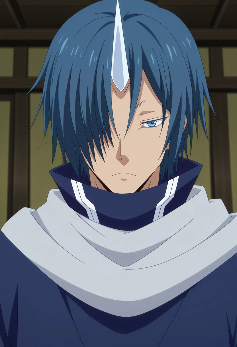 masterpiece, best quality, , anime screencap, anime coloring, official style,, 1boy, solo, male focus, <lora:souei_tensura_ilxl:0.98>, souei_tensura, blue hair, blue eyes, hair over one eye, single horn, scarf, japanese clothes,