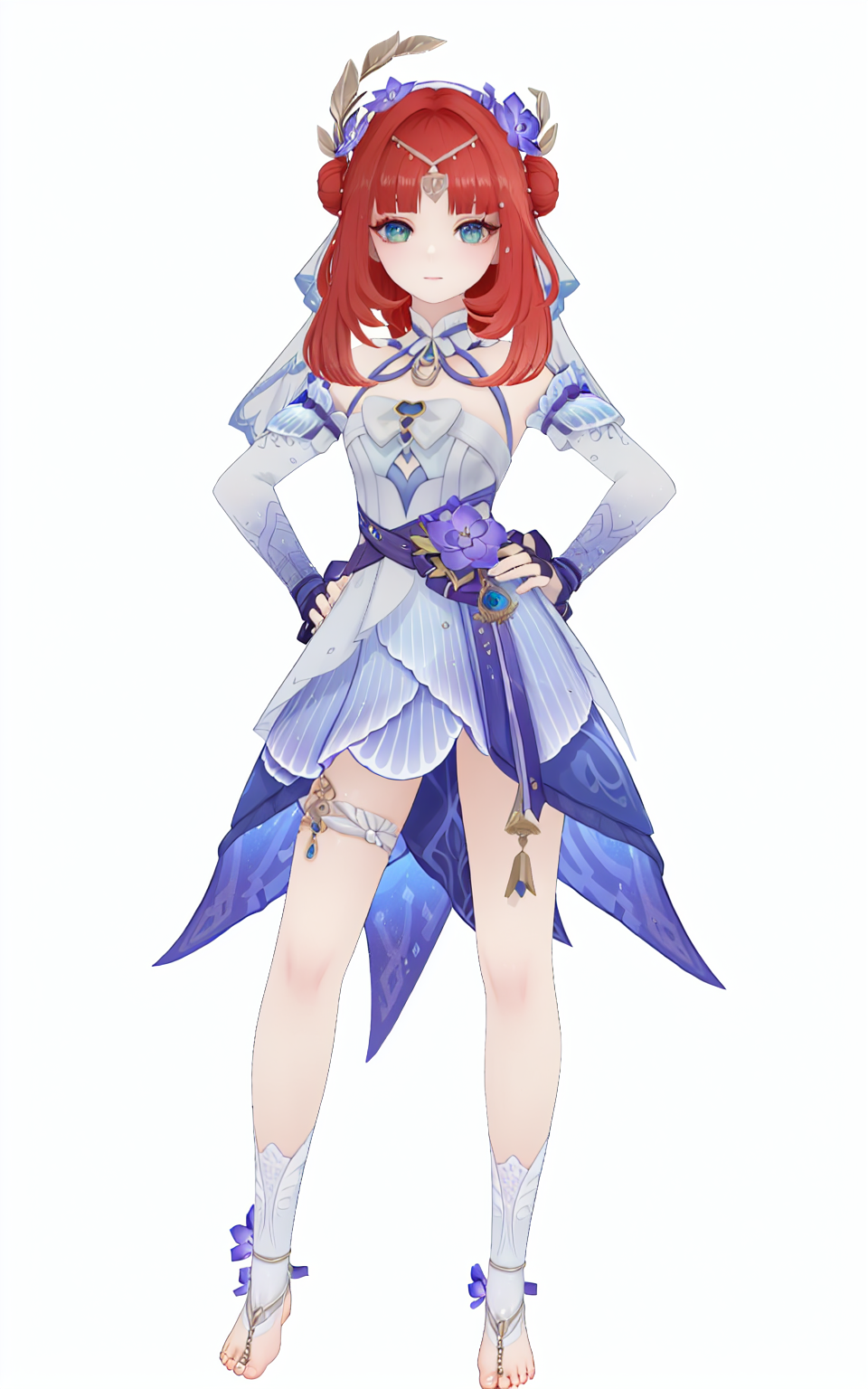 8k, best quality, masterpiece, (ultra-detailed), (high detailed skin), (white background:1.3), 
(full body:1.25), (white background), standing, looking at viewer, (solo:1.3), hands on hips, 
<lora:nilou-v100:0.8>, snilou (genshin impact), alternate costume, shabang, 1girl, long red hair, bangs, detached sleeves, double bun, thighlet, toeless legwear, 
(beautiful_face), ((intricate_detail)), clear face, 
((finely_detailed)), fine_fabric_emphasis, 
((glossy)), full_shot,