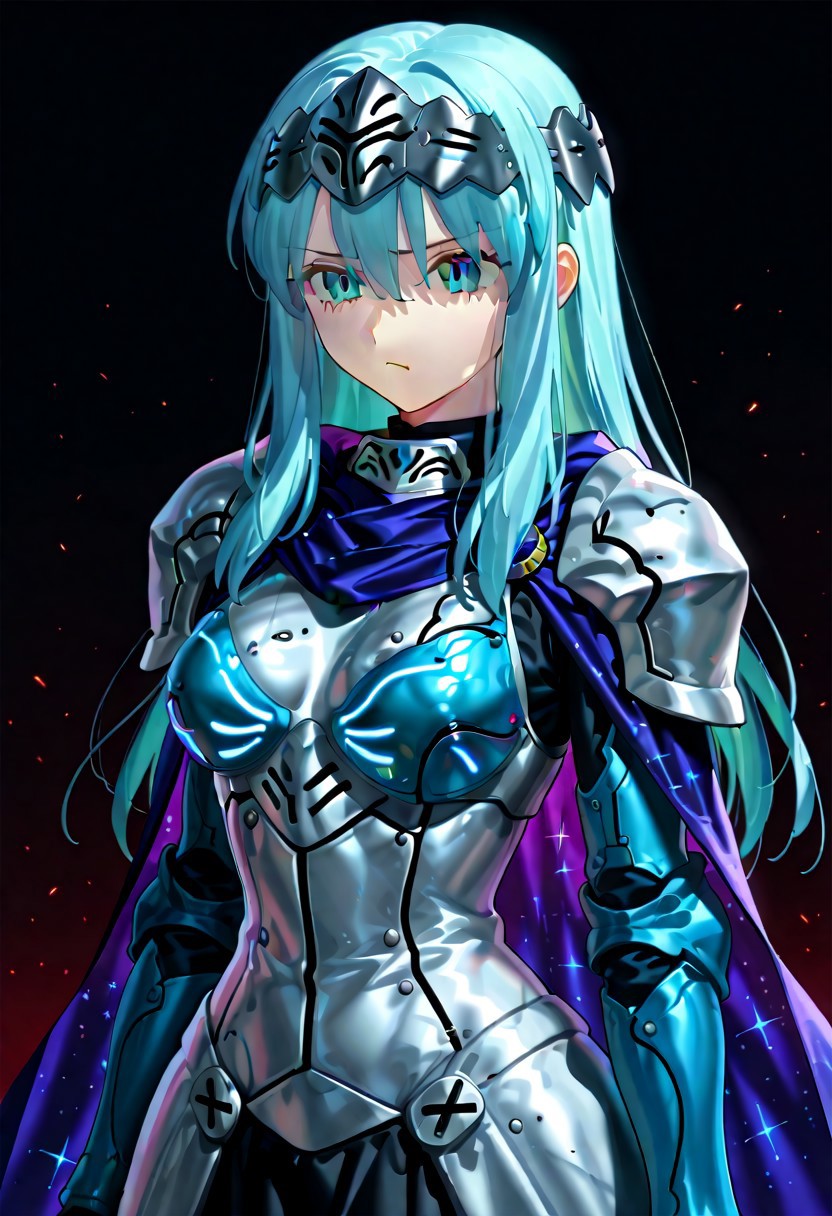 score_9, score_8_up, score_7_up, ((solo)), calm, pout, closed mouth, 1girl, solo, (medium breasts, thin waist, wide hips), peaceful, closed mouth, adult, (((eirika face))), (((cyan hair, cyan eyes))), ((long hair, hair between eyes)), (((indigo cape, metal headband, green metal_uniform, metal breast_armor))), no background, dark background, cowboy shot, dark background, portrait, Expressiveh,