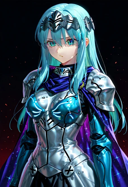 score_9, score_8_up, score_7_up, ((solo)), calm, pout, closed mouth, 1girl, solo, (medium breasts, thin waist, wide hips), peaceful, closed mouth, adult, (((eirika face))), (((cyan hair, cyan eyes))), ((long hair, hair between eyes)), (((indigo cape, metal headband, green metal_uniform, metal breast_armor))), no background, dark background, cowboy shot, dark background, portrait, Expressiveh,