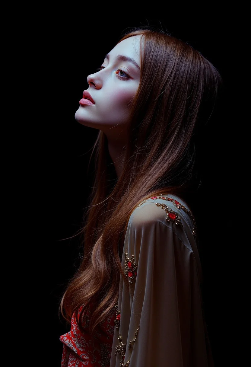 A professional (fashion photo photography:1.2),a (studio portrait:1.2),showing (surrealistic style:1.1),(black purple gradient background:1.2),(exaggerated character movements:1.5),against glass,(masterpiece, best quality:1.4), perfect body, long hair, brown hair, brown eyes, parted lips, , detailed skin,model photoshoot, long bob-cut hair, shiny oiled skin, pale skin, pale white skin, shiny oiled skin, pale skin, realistic eye and face details), hyperrealism, very slim, 4k HDRvaporwave style Ultra High Resolution, wallpaper, 8K,Rich texture details, hyper detailed, detailed eyes, detailed background, dramatic angle,Ultra High Resolution, wallpaper, 8K,Rich texture details, hyper detailed, detailed eyes, detailed background, wearing translucent veils, elegant profile pose, dark photography, dramatic lighting, black background, deep shadows, chiaroscuro, (old russian folk light dress red ornaments:1.1) slim elegant russian girl folk hairstyle halo above head (icon style:1.2) choker, make-up photography by (Ethel Warwick:1.3), modelshoot, pose, , (Ethel Warwick: 1,2) award winning photo macro shot dramatic lighting,philosophical dimensions,NIKON Z9,35mm,f/1.2,RAW format,stark composition.,(muted tones:1.2),award winning photo,(dream-like quality:1.2),