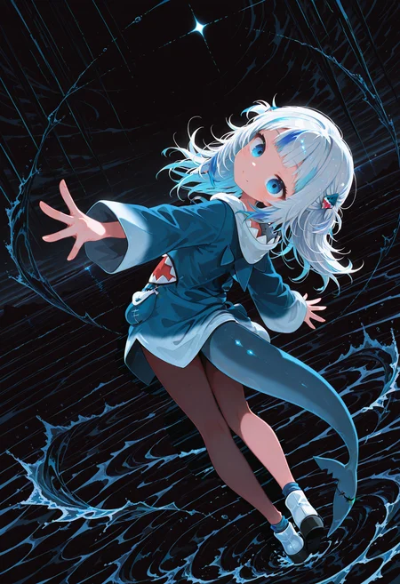1girl, solo, side view,, hololive, gawr gura (1st costume), smile,head tilt, waving, looking at viewer, from back, open arms, full body, water,sky, abstract background, dynamic posing, fashion pose, dynamic angle, dark theme, extremely cinematic lighting, luminous bright design, glowing , subsurface scattering, atmospheric, cinematic lighting, masterpiece, very aesthetic, absurdres, edanoma_meu_illu, flat color, no lineart, svevsty,