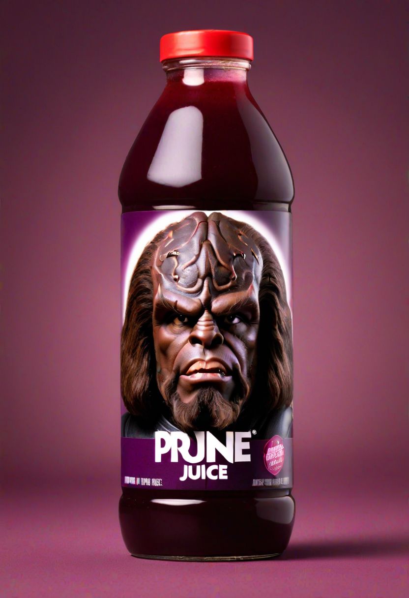 realistic product photograph, a bottle of prune juice with the face of Worf