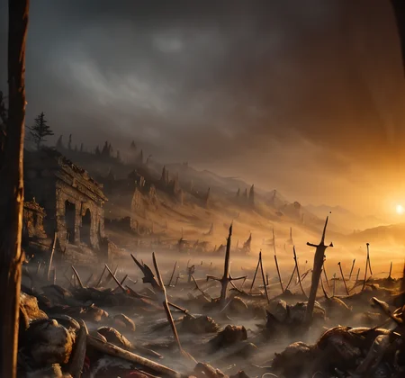 RAW photo, (masterpiece:1.3), subsurface scattering, heavy shadow, (high quality:1.4), (intricate, high detail:1.2), professional photography, HDR, High Dynamic Range, realistic, ultra realistic, photorealistic, high resolution, film photography, ambient lighting, atmospheric effects, <lora:detail_slider_v4:2>, OverallDetail, battlefield, <lora:Battlefield:1>, dawn, fog, rain, epiCPhoto
