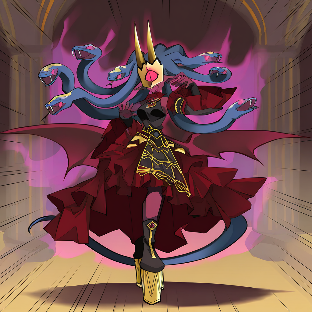 highres, best quality, masterpiece, very aesthetic, newest,1girl,solo,medusamon,snake hair,black snakes,golden horned mask,single eye,pointy ears,fangs artist:hayashikana <lora:MedusamonIllus:1> full body,dress,low wings,tail,platform footwear,motion lines,fighting stance,glowing eyes,aura,black aura,focused,indoors,fighting arena