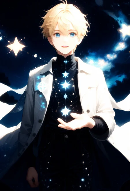 , score_9, score_8_up, score_7_up, 1boy, highly detailed, aesthetically stunning, anime-style, blonde-haired, blue-eyed, young man, short hair, bangs, smiling, open mouth, white coat, long sleeves, white baggy shorts, glowing scarf, floating, space setting, starry sky, star symbols, intricate, luminous, amazing aesthetic, intricate details