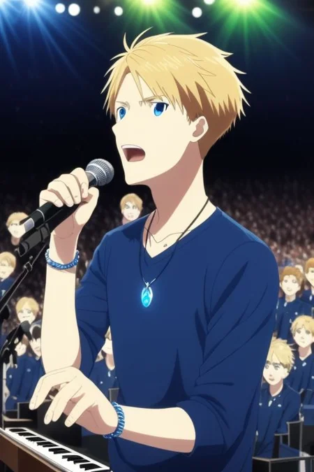high resolution, solo, best quality, 1Boy, Yamato Ishida, Blond Hair, Blue Eyes, Necklace, singing, potrait, dept of field, virtual concert, playing musical instrument, necklace, bracelet, sneakers, OverallDetail