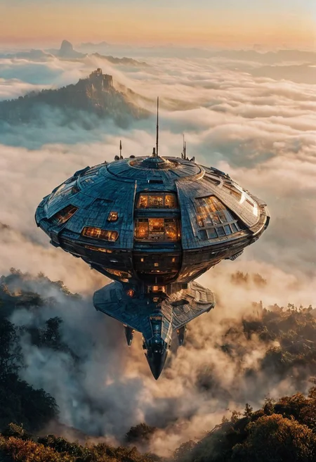a large spaceship around the fog, the mystical light, professional photography, natural lighting, volumetric lighting maximalist. intricately detailed, complex, elegant, expansive, fantastical, film photography style, light grain, medium grain, heavy grain