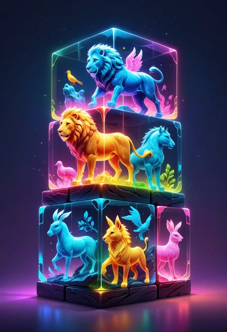 colorful translucent mable cube stack,carved with animals, lion,horse, rabbit,bird,squalo, glowing,Fantasy illustration style, transports viewers to imaginative worlds, epic landscape, and heroic adventures, sparks wonder and inspiration, neon_style