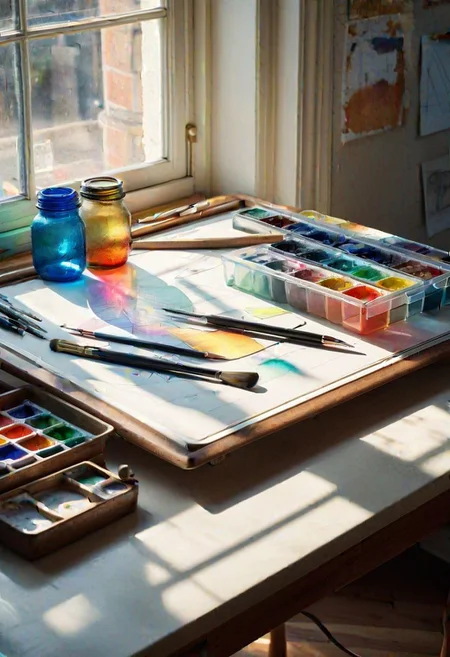 a still life with architects traditional drafting tools on a retro drafting board, in the style of a Janet Fish loose watercolor painting with exquisite transparent washes, sublime filtered light washing over the tools from a window behind, subtle multi-colored glass containers casting defracted shadows on the table surface --ar 7:5 --style raw --stylize 500