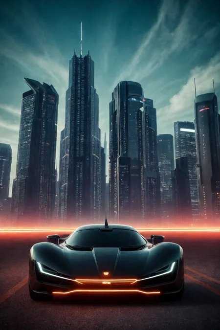 sci-fi, night, cinematic photo, futuristic design of electro car, majestic, desert city, skyscrapers, perfect lighting, clouds, vibrant, film grain
