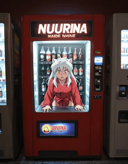 anime artwork masterpiece, best quality, <lora:VendingMachineQuiron_illus:1> vendingMachineXquiron , trapped inside a chocolate brown vending machine, stuck in object, stuck, public use, a coral vending machine , beer, soda, soft drinks, glass of beer, beer bottle, wine bottle, claw_machine , trapped inside, pressed on glass, , solo, Inuyasha (Inuyasha): Inuyasha's red robe, silver hair, dog ears, and oversized sword have made him an enduring and recognizable character in anime and manga cosplay., . anime style, key visual, vibrant, studio anime, highly detailed