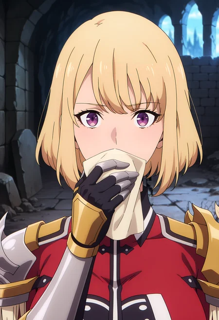 anime screencap, masterpiece, best quality,
<lora:SoloLeveling_ChaHae-In_IlluXL:0.9>,
1girl, solo,
blonde hair, short hair, purple eyes,
ChaHaeInArmor, red bodysuit, shoulder armor, epaulettes, gauntlets, black gloves,
holding, covering own mouth, handkerchief,
walking, looking at the viewer, portrait,
indoors, dungeon, stone wall, ruins, cave, blurry background