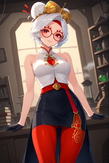 score_9, score_8_up, score_7_up, score_6_up, anime source, anime style, solo, 1girl,
<lora:P-Purah:1>, white hair, red eyes, red-framed eyewear, red headband, hair ornament, red eyeshadow, hair bun,
black gloves, red pantyhose, black pencil skirt, white crop top, sleeveless, bare shoulders, bare arms,
medium breasts, seductive smile, parted lips, eyelashes, standing,
potions, red potions, green potions, glowing potions, alchemy_lab, shelves_with_glowing_potions, steampunk_gears, machinery, dim_lighting, mystical_glow, green_and_purple_lighting, ancient_lab, fantasy_magic, steam, metallic_background
