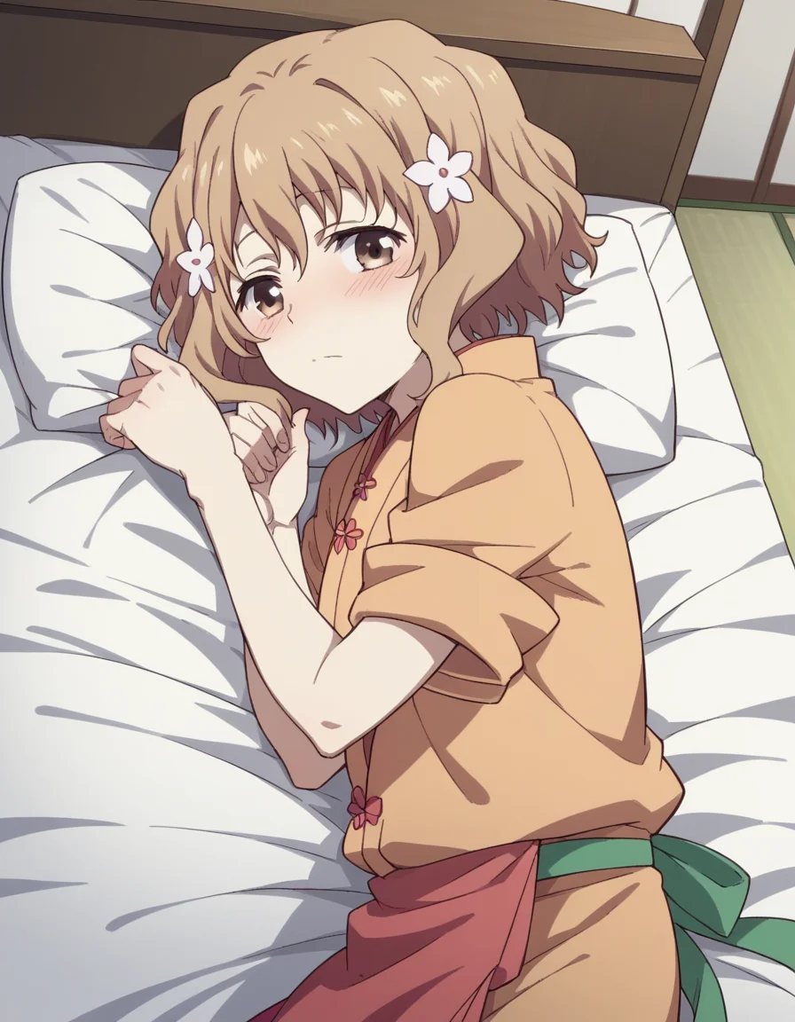 score_9, score_8_up, score_7_up, source_anime,
ohanamatsumae, <lora:ohana-matsumae-s1-ponyxl-lora-nochekaiser:1>,
ohana matsumae, short hair, brown hair, hair ornament, brown eyes, flower, hair flower,
japanese clothes, kimono, apron, sleeves rolled up,
indoors, bed, bed room, on side, blush, drunk,
looking at viewer, cowboy shot, solo, dutch angle,
