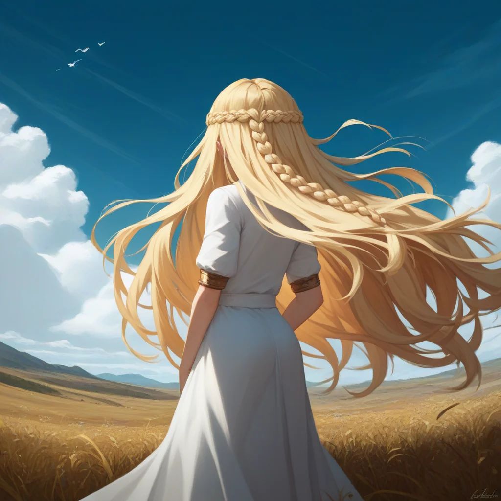 <lora:miqeulla:1>,miquella,blonde hair,crown braid,multiple braids,white robe,gold armlet,hand up,v,hand on own hip,long hair,messy hair,outdoors,sky,wind,flowing hair,from behind, facing away,, score_9, score_8_up, score_7_up, perfect anatomy, source_anime, zPDXL2,