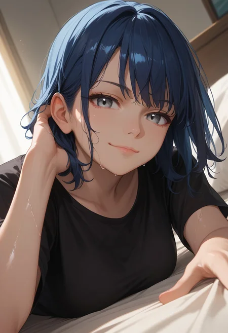 (score_9, score_8_up, score_7_up), 1girl, solo, blue hair, grey eyes, medium hair, medium breasts, wide hips, bangs, shiny skin, dynamic lighting, indoors, dutch angle,  relaxed, lying on stomach, on bed, face focus, (close-up:1.4), black t-shirt,, wet hair, smug