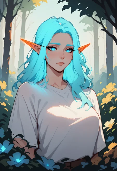 score_8_up, woman, elf, glowing ears, white shirt, blue eyes, light skin, outdoors <lora:NoctFlatStyleV4:0.85>