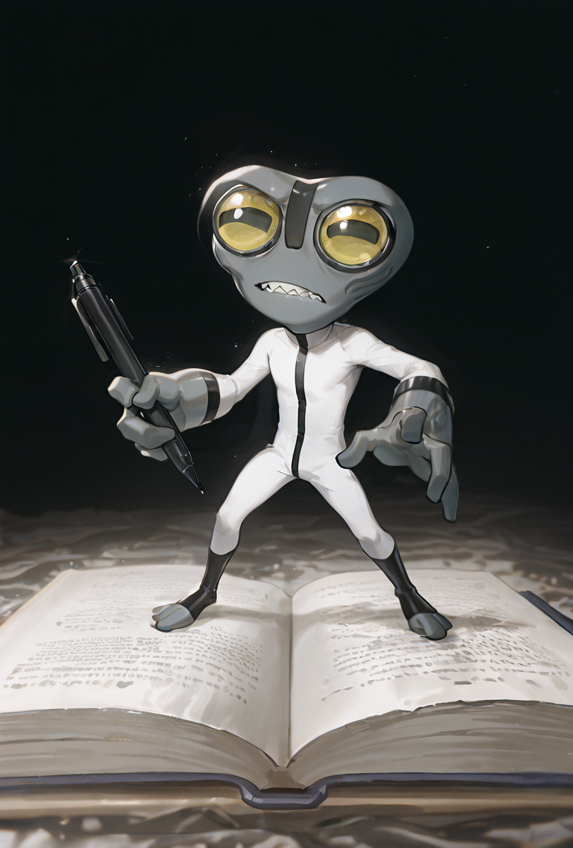 <lora:greymatter-09:1> greymatter, solo, 1boy, white bodysuit, grey skin, , small body, big hands,  , sharp teeth, big yellow eyes, big head, dynamic pose, <lora:WSSKX_WAI:1>, holding massive pen, tiny character,  book closeup, standing on a book,, masterpiece, best quality, amazing quality, very aesthetic, absurdres, newest,